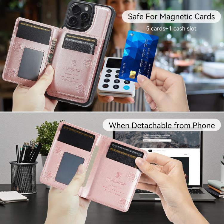 For iPhone 14 Pro Max AutSpace A13 MagSafe Magnetic RFID Flip Card Bag Phone Case(Rose Gold)