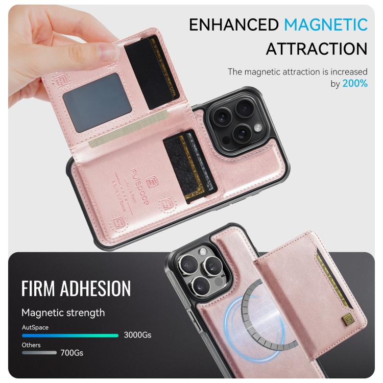 For iPhone 14 Pro Max AutSpace A13 MagSafe Magnetic RFID Flip Card Bag Phone Case(Rose Gold)