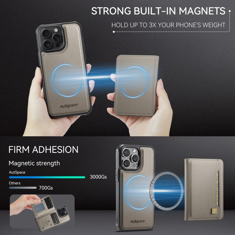 For iPhone 13 Pro Max AutSpace A13 MagSafe Magnetic RFID Flip Card Bag Phone Case(Grey)