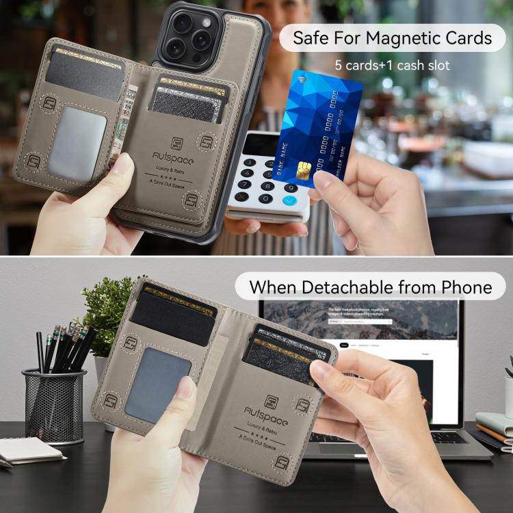 For iPhone 13 Pro Max AutSpace A13 MagSafe Magnetic RFID Flip Card Bag Phone Case(Grey)