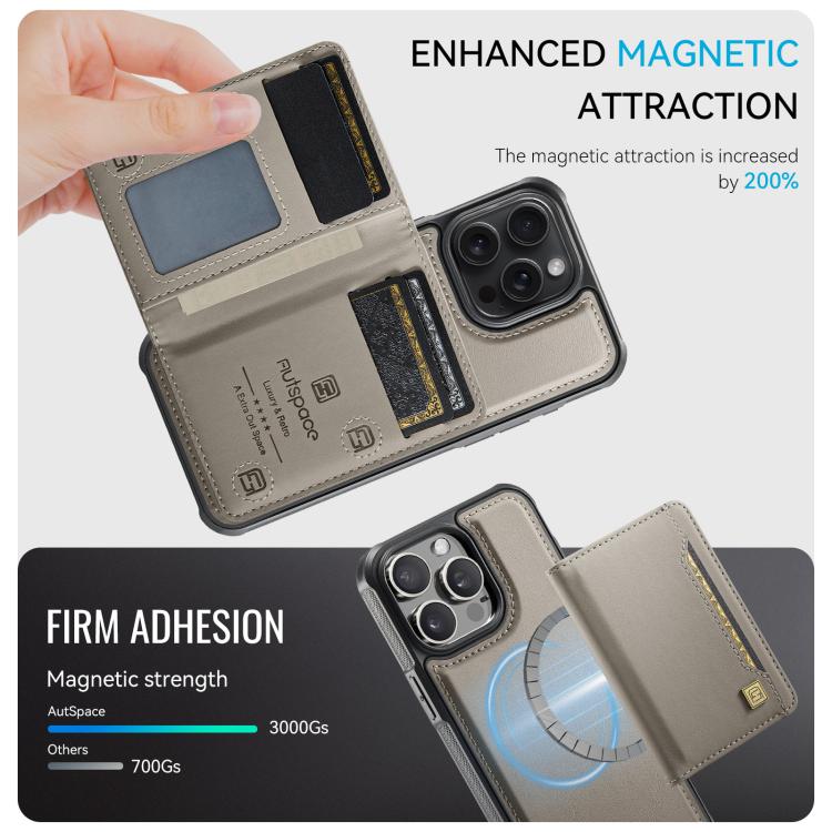 For iPhone 13 Pro Max AutSpace A13 MagSafe Magnetic RFID Flip Card Bag Phone Case(Grey)