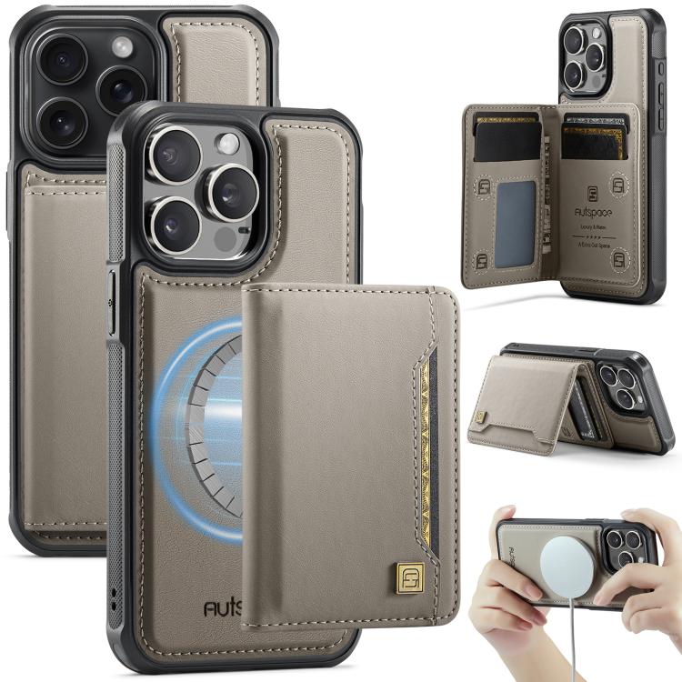 For iPhone 13 Pro AutSpace A13 MagSafe Magnetic RFID Flip Card Bag Phone Case(Grey)