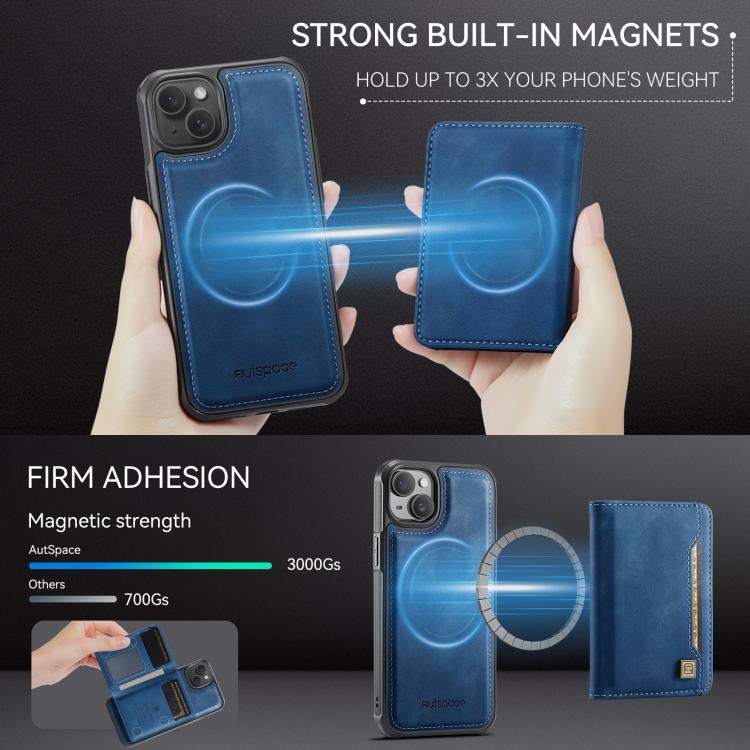 For iPhone 13 AutSpace A13 MagSafe Magnetic RFID Flip Card Bag Phone Case(Blue)