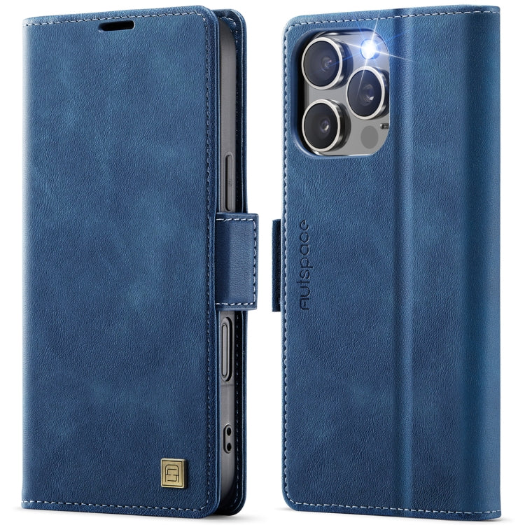 For iPhone 16 Pro AutSpace A11 Side Buckle MagSafe Magnetic RFID Phone Leather Case(Blue)