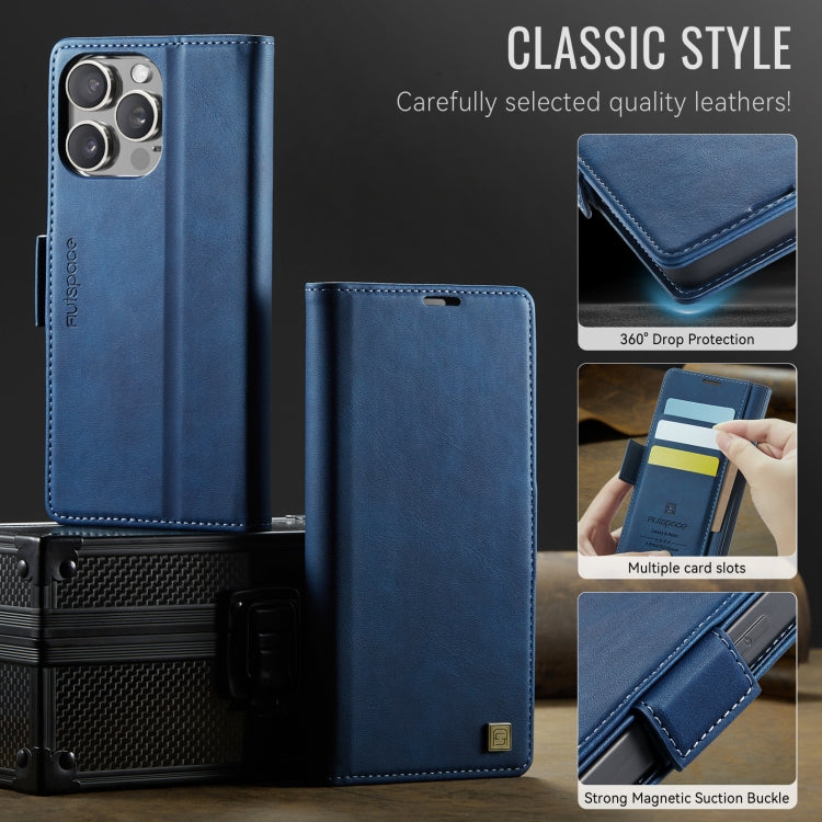 For iPhone 16 Pro AutSpace A11 Side Buckle MagSafe Magnetic RFID Phone Leather Case(Blue)