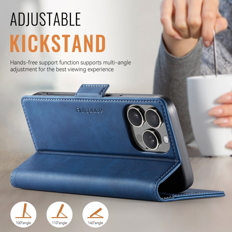 For iPhone 16 Pro AutSpace A11 Side Buckle MagSafe Magnetic RFID Phone Leather Case(Blue)