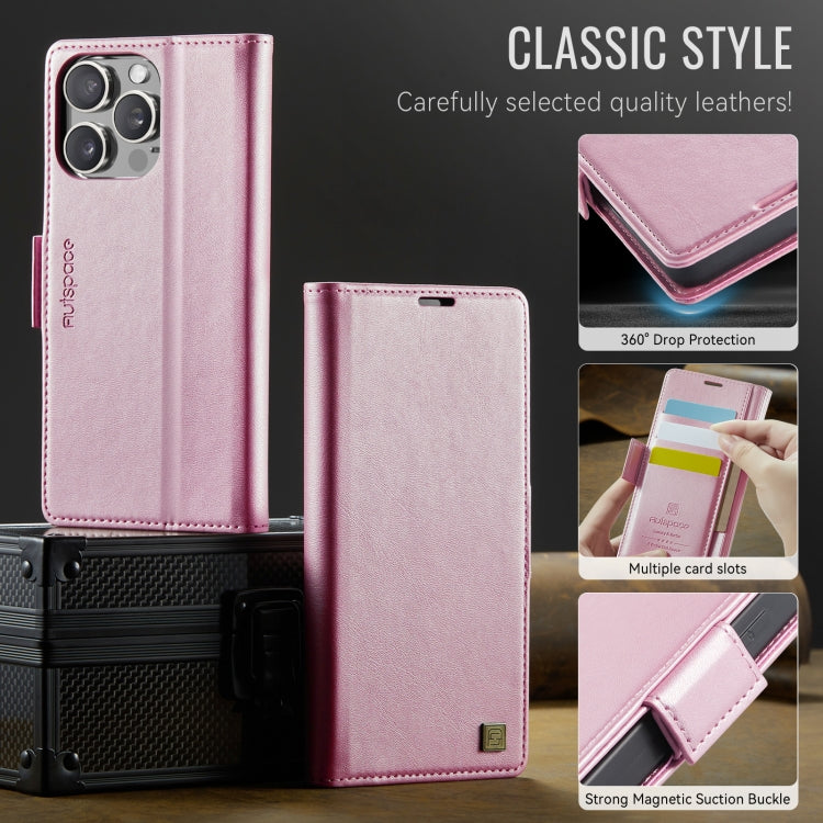 For iPhone 16 Pro AutSpace A11 Side Buckle MagSafe Magnetic RFID Phone Leather Case(Rose Gold)