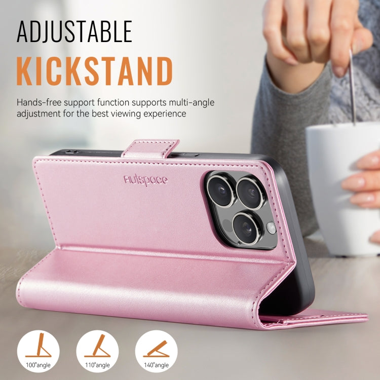 For iPhone 16 Pro AutSpace A11 Side Buckle MagSafe Magnetic RFID Phone Leather Case(Rose Gold)
