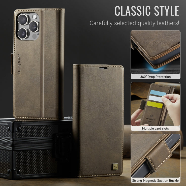 For iPhone 16 Pro AutSpace A11 Side Buckle MagSafe Magnetic RFID Phone Leather Case(Coffee)
