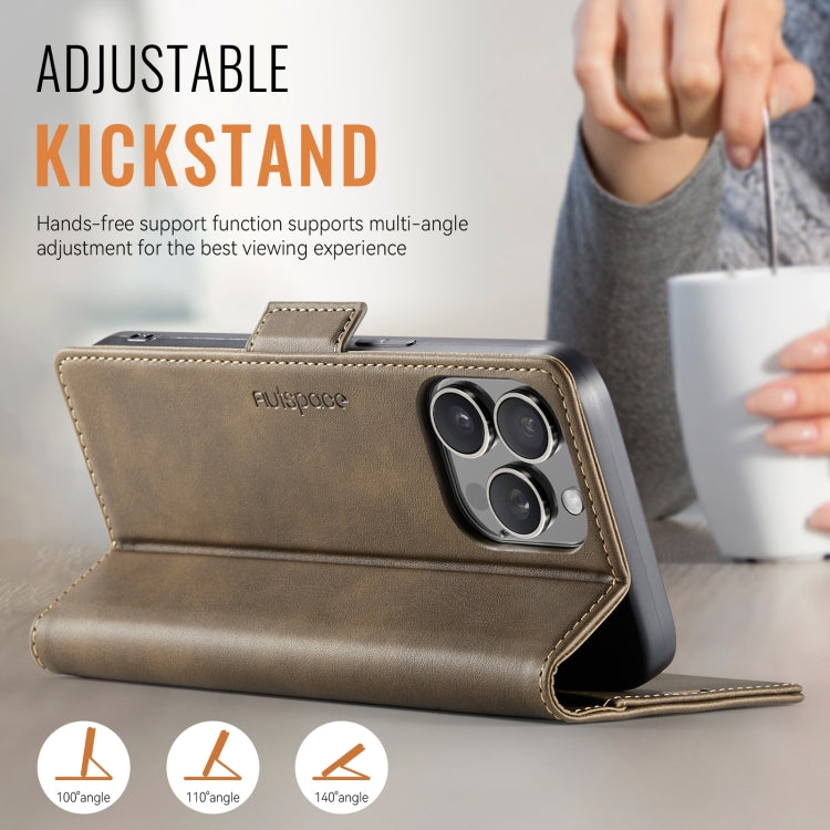 For iPhone 16 Pro AutSpace A11 Side Buckle MagSafe Magnetic RFID Phone Leather Case(Coffee)