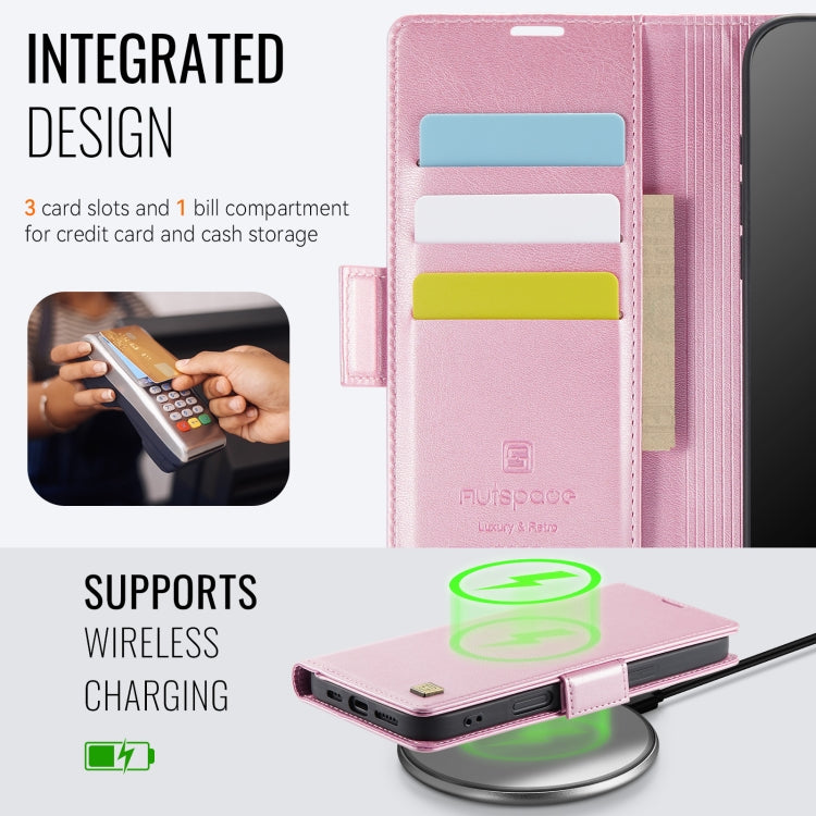 For iPhone 16 Plus AutSpace A11 Side Buckle MagSafe Magnetic RFID Phone Leather Case(Rose Gold)