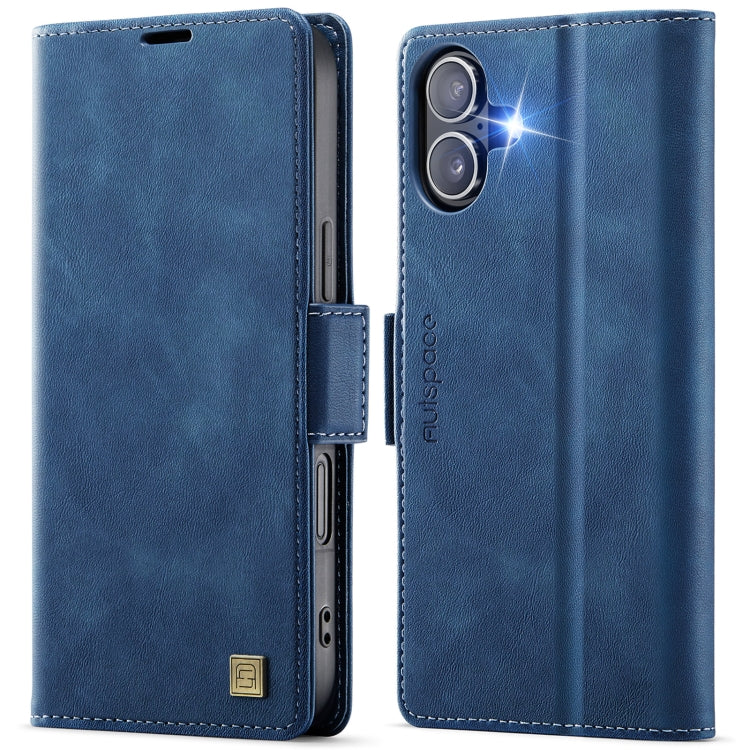 For iPhone 16 AutSpace A11 Side Buckle MagSafe Magnetic RFID Phone Leather Case(Blue)