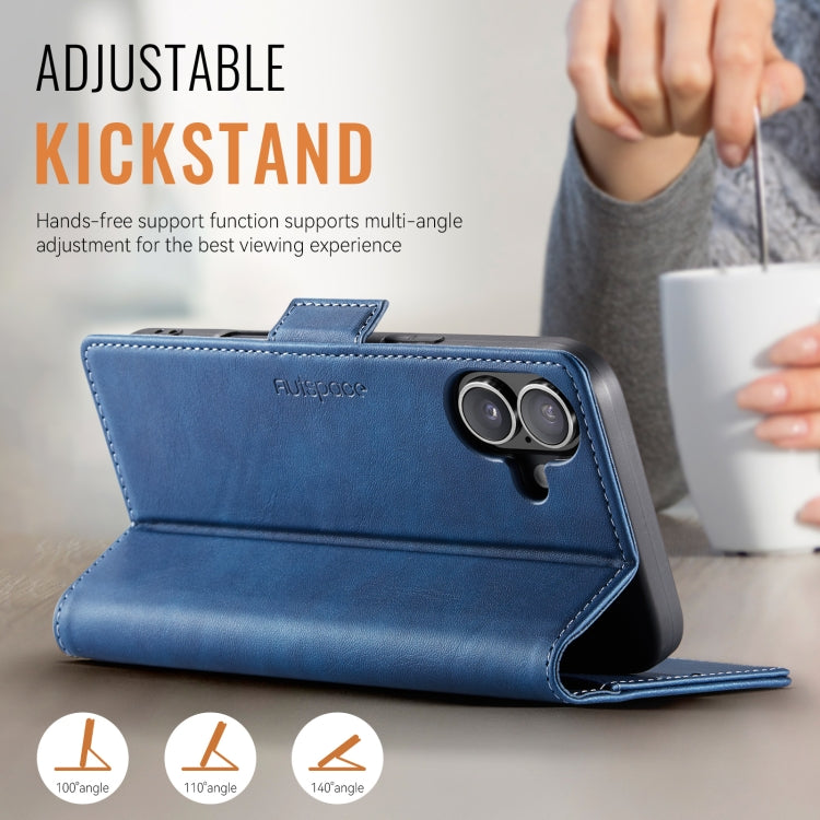 For iPhone 16 AutSpace A11 Side Buckle MagSafe Magnetic RFID Phone Leather Case(Blue)