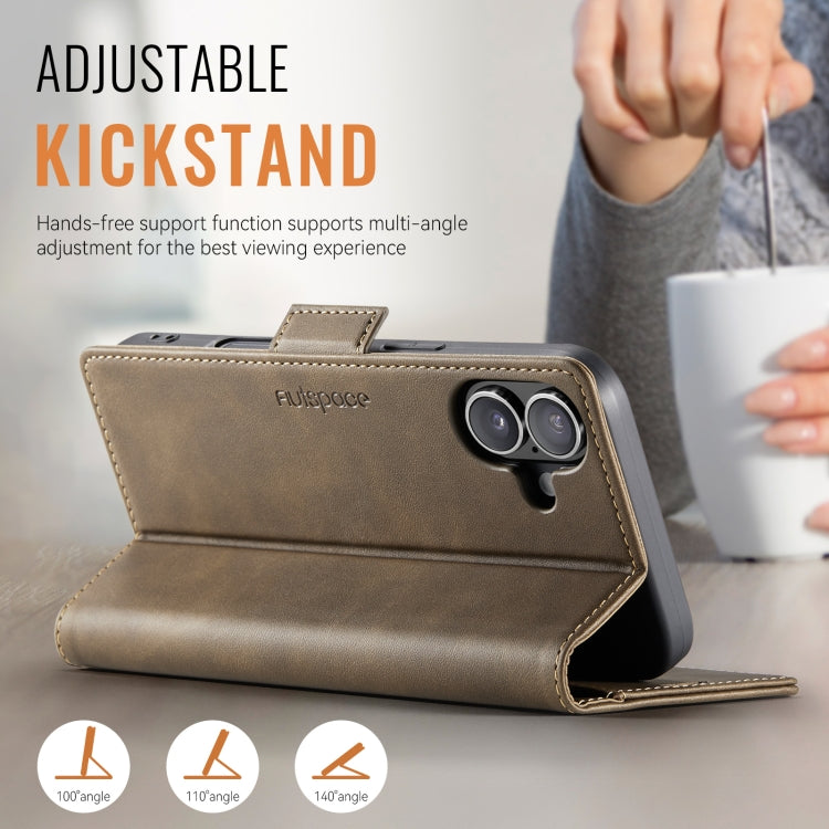 For iPhone 16 AutSpace A11 Side Buckle MagSafe Magnetic RFID Phone Leather Case(Coffee)