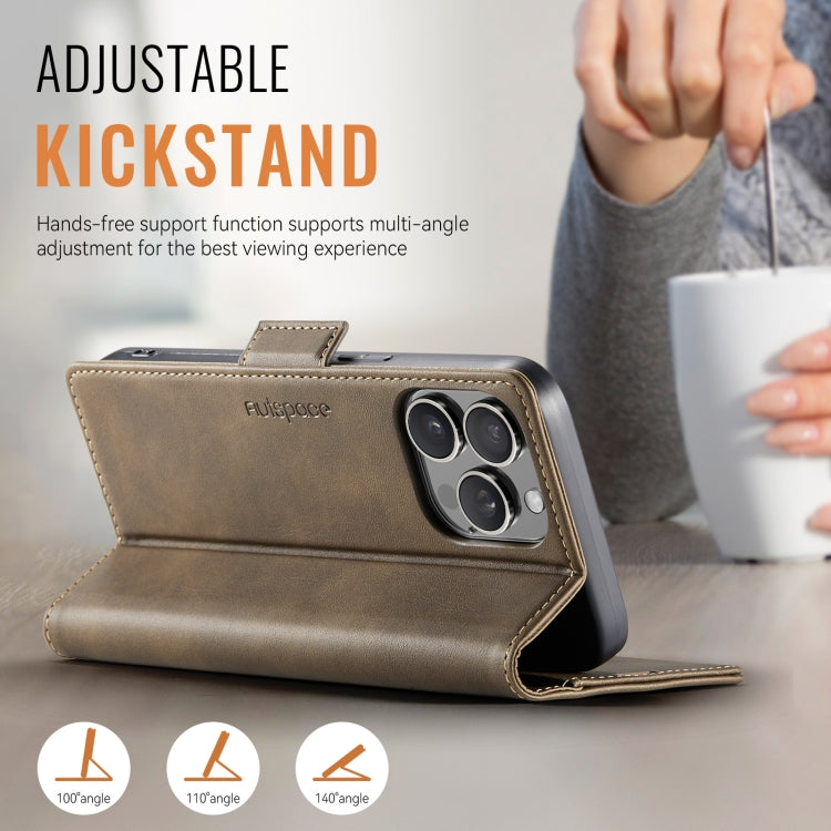 For iPhone 15 Pro AutSpace A11 Side Buckle MagSafe Magnetic RFID Phone Leather Case(Coffee)