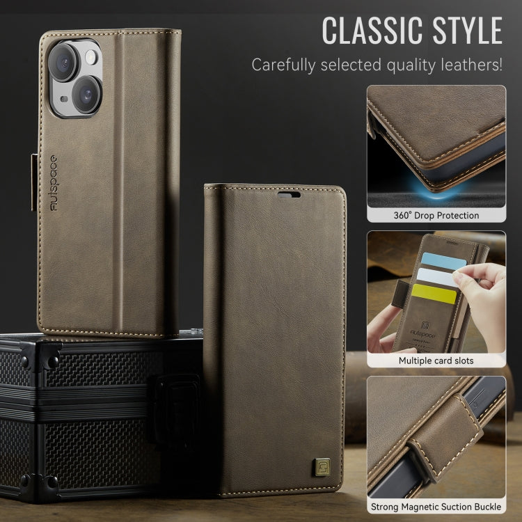 For iPhone 15 Plus AutSpace A11 Side Buckle MagSafe Magnetic RFID Phone Leather Case(Coffee)