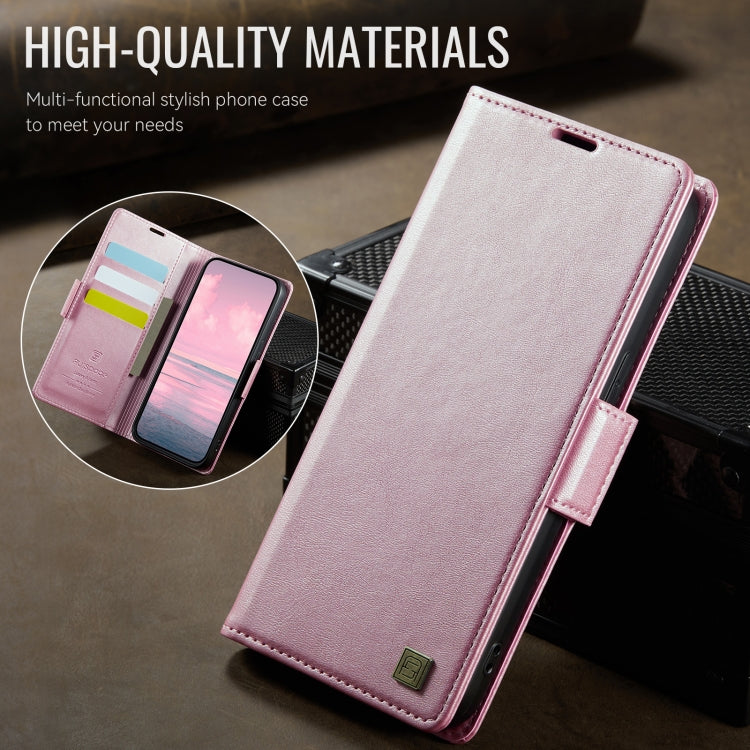 For iPhone 15 AutSpace A11 Side Buckle MagSafe Magnetic RFID Phone Leather Case(Rose Gold)