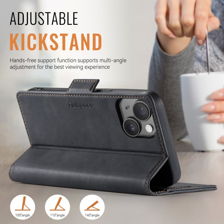 For iPhone 14 Plus AutSpace A11 Side Buckle MagSafe Magnetic RFID Phone Leather Case(Black)