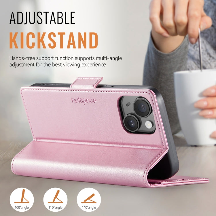 For iPhone 14 Plus AutSpace A11 Side Buckle MagSafe Magnetic RFID Phone Leather Case(Rose Gold)