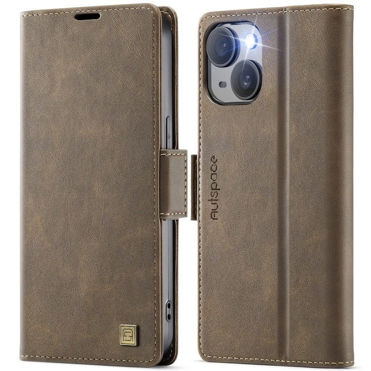 For iPhone 14 Plus AutSpace A11 Side Buckle MagSafe Magnetic RFID Phone Leather Case(Coffee)