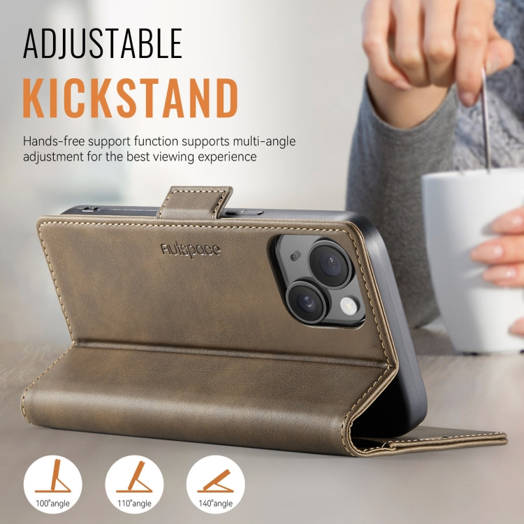 For iPhone 14 Plus AutSpace A11 Side Buckle MagSafe Magnetic RFID Phone Leather Case(Coffee)