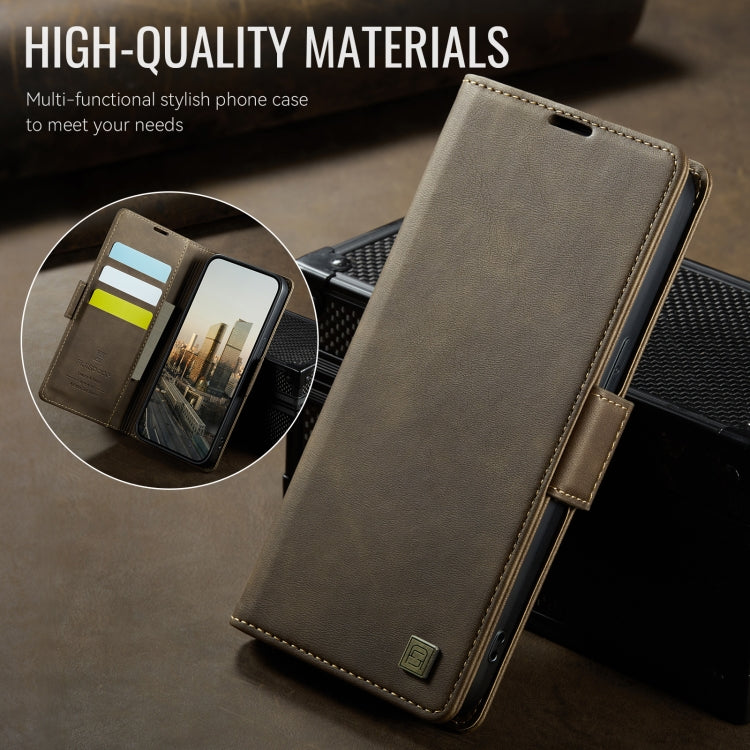 For iPhone 14 Plus AutSpace A11 Side Buckle MagSafe Magnetic RFID Phone Leather Case(Coffee)