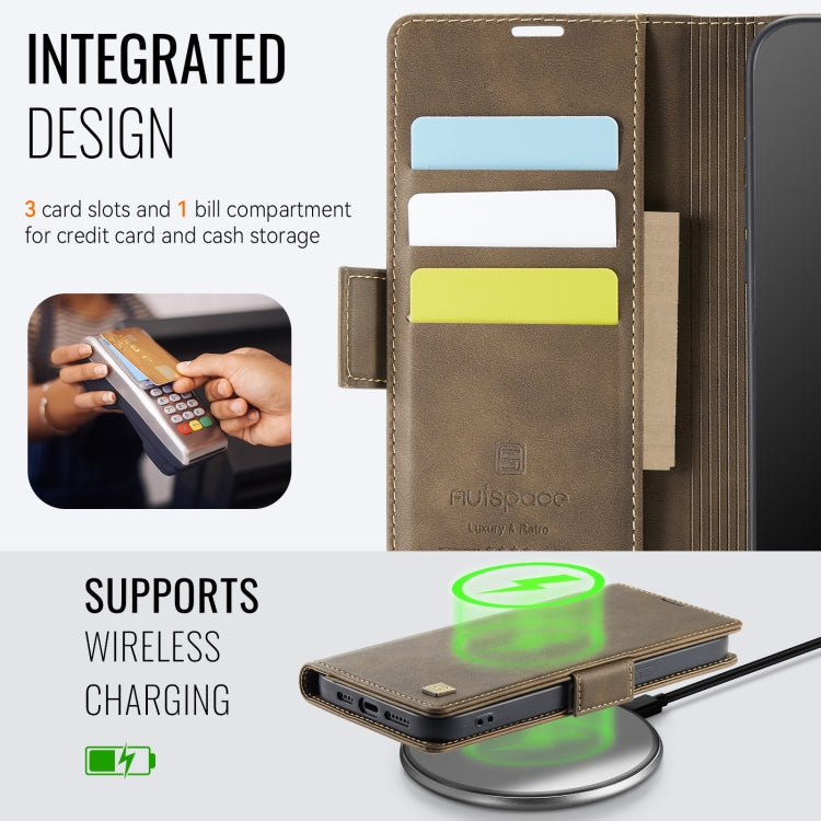 For iPhone 13 AutSpace A11 Side Buckle MagSafe Magnetic RFID Phone Leather Case(Coffee)