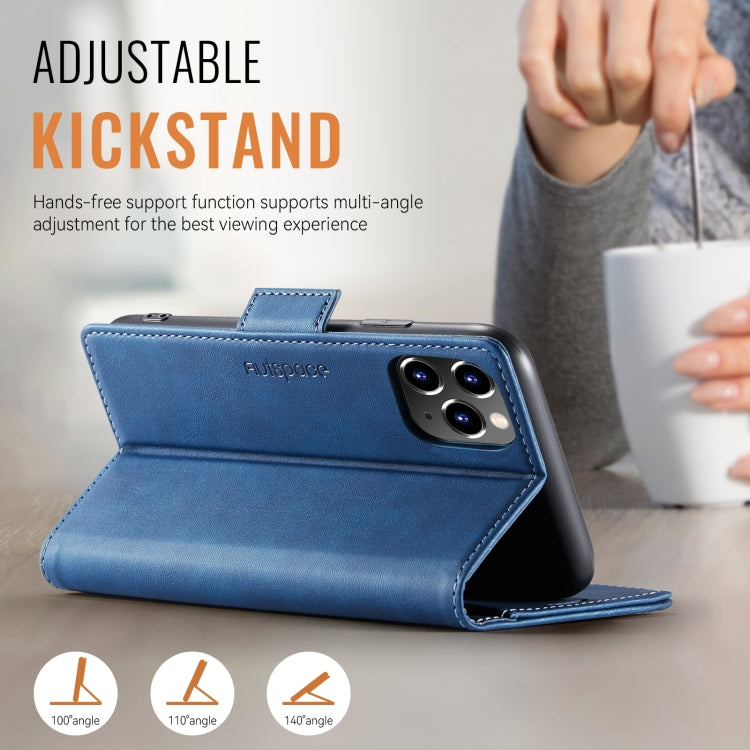 For iPhone 11 Pro Max AutSpace A11 Side Buckle MagSafe Magnetic RFID Phone Leather Case(Blue)