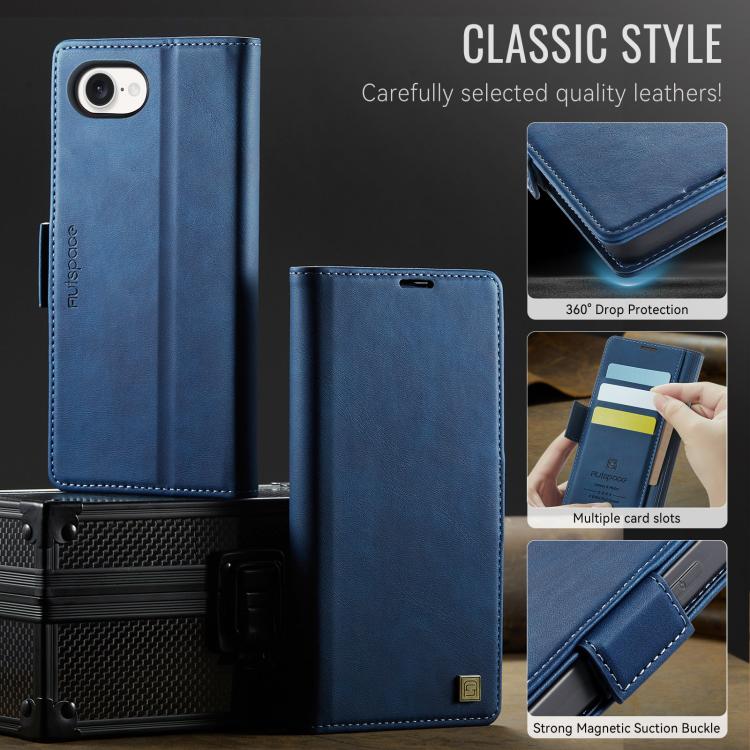 For iPhone 17e / 16e AutSpace A11 Side Buckle MagSafe Magnetic RFID Phone Leather Case(Blue)