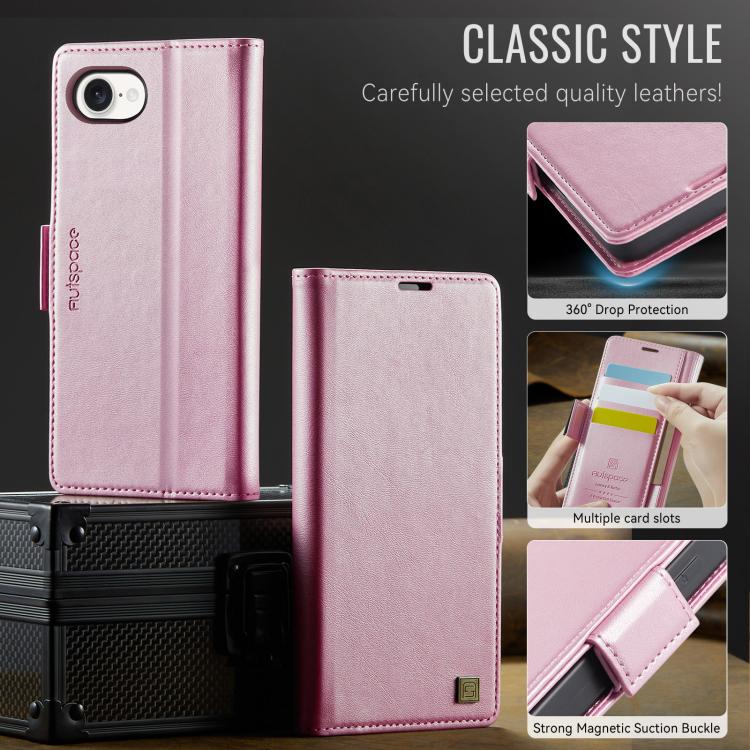 For iPhone 17e / 16e AutSpace A11 Side Buckle MagSafe Magnetic RFID Phone Leather Case(Rose Gold)