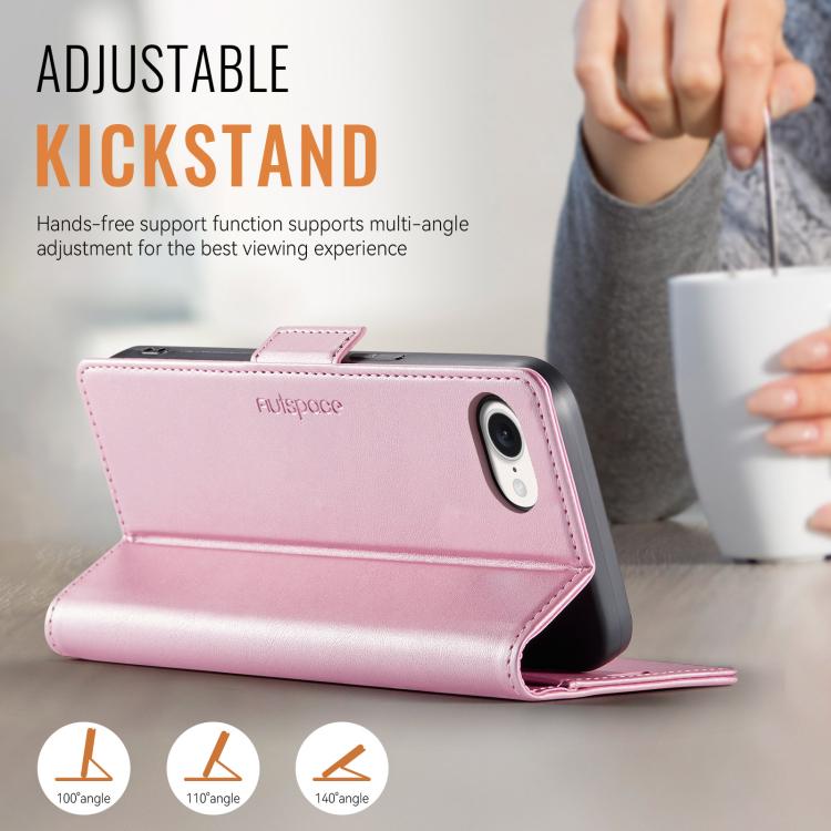 For iPhone 17e / 16e AutSpace A11 Side Buckle MagSafe Magnetic RFID Phone Leather Case(Rose Gold)