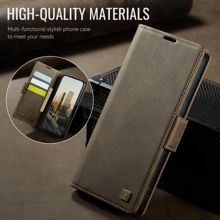For iPhone 17e / 16e AutSpace A11 Side Buckle MagSafe Magnetic RFID Phone Leather Case(Coffee)