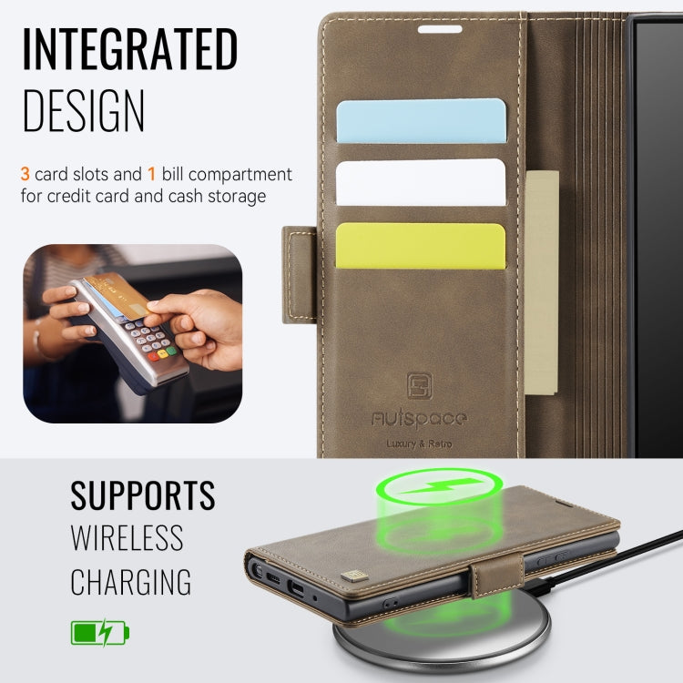 For Samsung Galaxy Note20 Ultra AutSpace A11 Side Buckle MagSafe Magnetic RFID Phone Leather Case(Coffee)