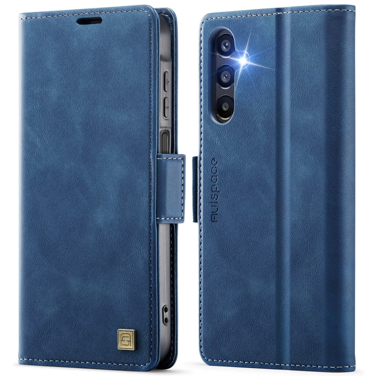 For Samsung Galaxy A14 4G / 5G AutSpace A11 Side Buckle MagSafe Magnetic RFID Phone Leather Case(Blue)