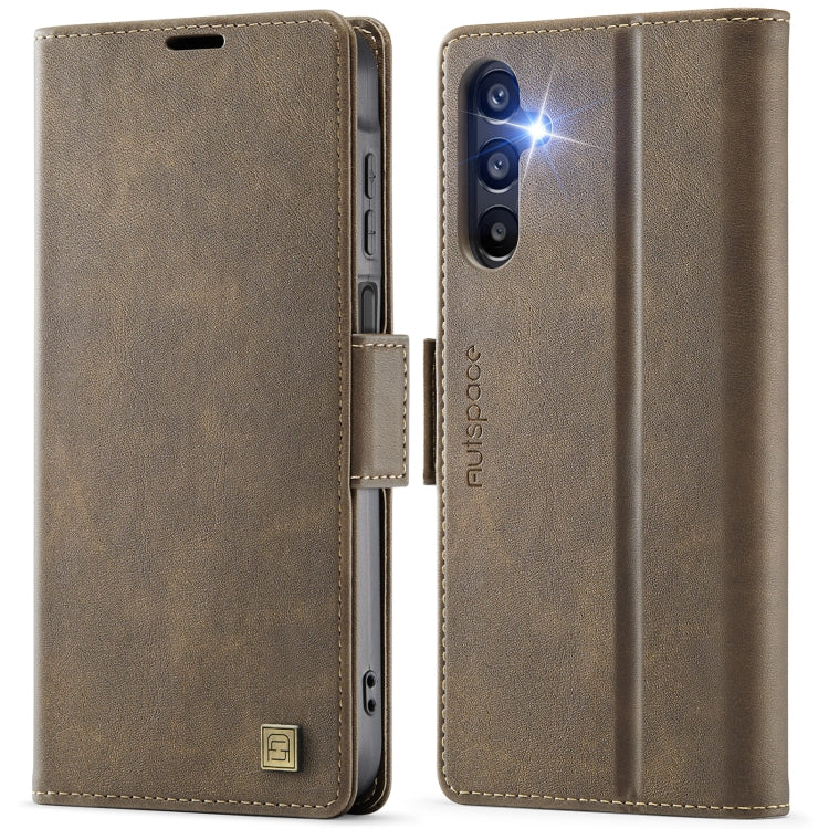 For Samsung Galaxy A14 4G / 5G AutSpace A11 Side Buckle MagSafe Magnetic RFID Phone Leather Case(Coffee)