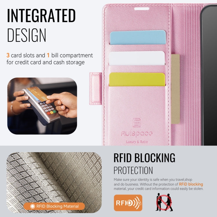 For Samsung Galaxy A15 4G / 5G AutSpace A11 Side Buckle MagSafe Magnetic RFID Phone Leather Case(Rose Gold)
