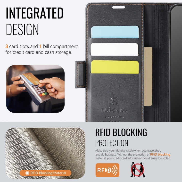 For Samsung Galaxy A16 5G AutSpace A11 Side Buckle MagSafe Magnetic RFID Phone Leather Case(Black)