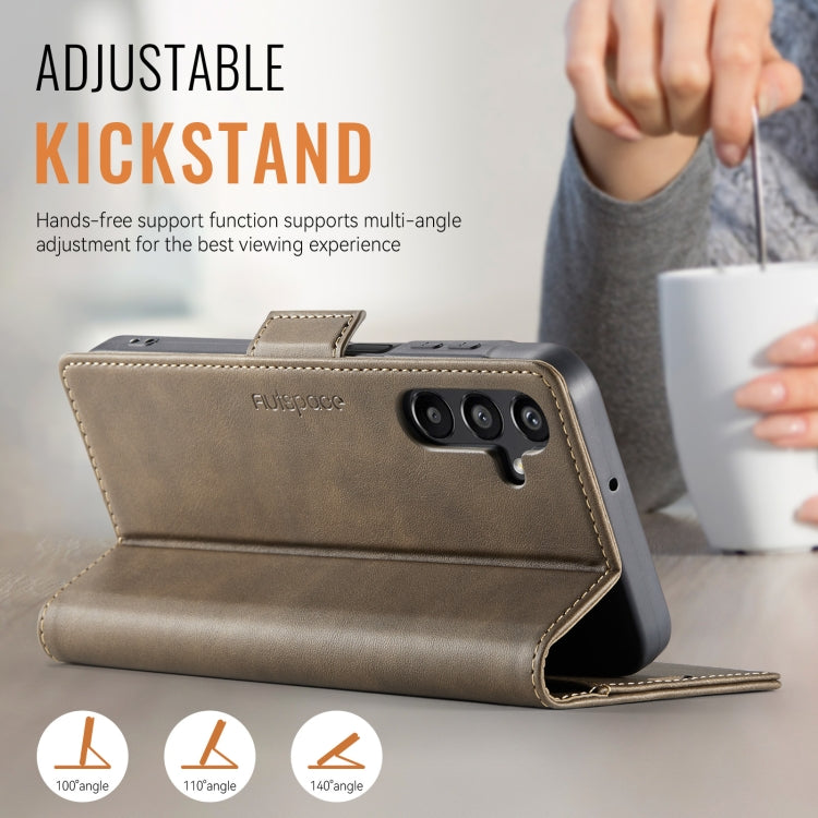 For Samsung Galaxy A16 5G AutSpace A11 Side Buckle MagSafe Magnetic RFID Phone Leather Case(Coffee)