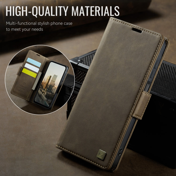 For Samsung Galaxy A16 5G AutSpace A11 Side Buckle MagSafe Magnetic RFID Phone Leather Case(Coffee)