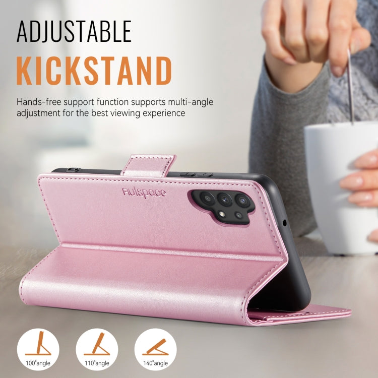 For Samsung Galaxy A32 5G AutSpace A11 Side Buckle MagSafe Magnetic RFID Phone Leather Case(Rose Gold)