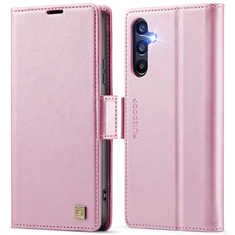 For Samsung Galaxy A34 5G AutSpace A11 Side Buckle MagSafe Magnetic RFID Phone Leather Case(Rose Gold)