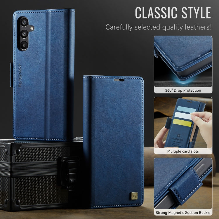 For Samsung Galaxy A35 5G AutSpace A11 Side Buckle MagSafe Magnetic RFID Phone Leather Case(Blue)