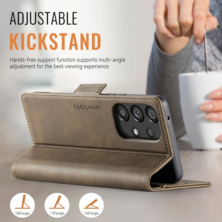 For Samsung Galaxy A52 5G AutSpace A11 Side Buckle MagSafe Magnetic RFID Phone Leather Case(Coffee)