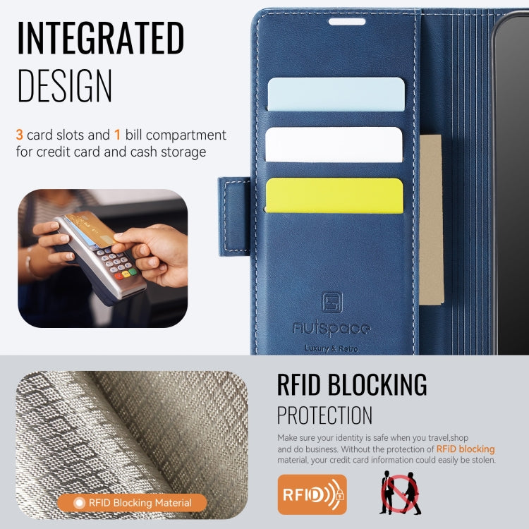 For Samsung Galaxy A33 5G AutSpace A11 Side Buckle MagSafe Magnetic RFID Phone Leather Case(Blue)