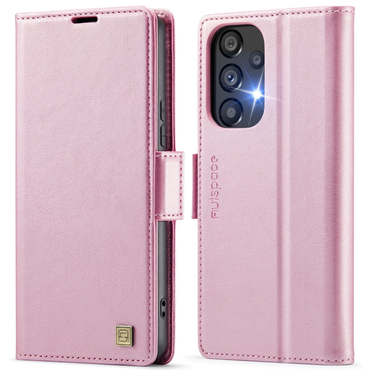For Samsung Galaxy A33 5G AutSpace A11 Side Buckle MagSafe Magnetic RFID Phone Leather Case(Rose Gold)