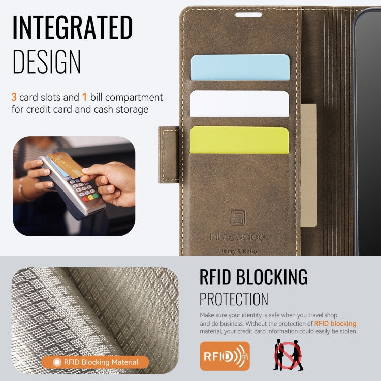 For Samsung Galaxy A33 5G AutSpace A11 Side Buckle MagSafe Magnetic RFID Phone Leather Case(Coffee)