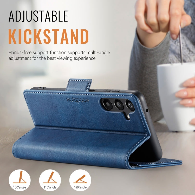 For Samsung Galaxy A55 5G AutSpace A11 Side Buckle MagSafe Magnetic RFID Phone Leather Case(Blue)