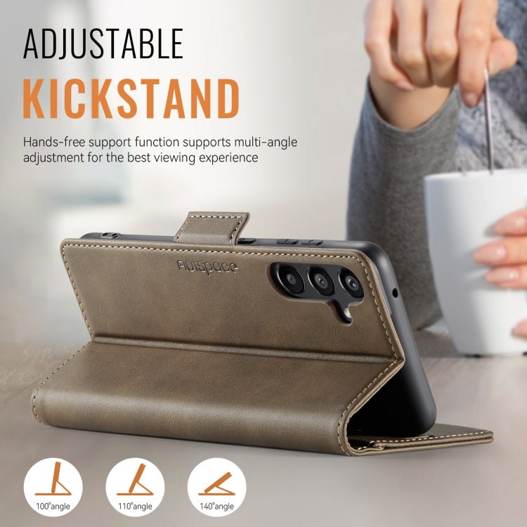 For Samsung Galaxy A55 5G AutSpace A11 Side Buckle MagSafe Magnetic RFID Phone Leather Case(Coffee)