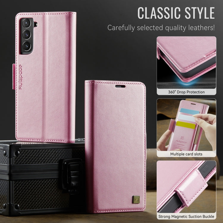 For Samsung Galaxy S21 5G AutSpace A11 Side Buckle MagSafe Magnetic RFID Phone Leather Case(Rose Gold)