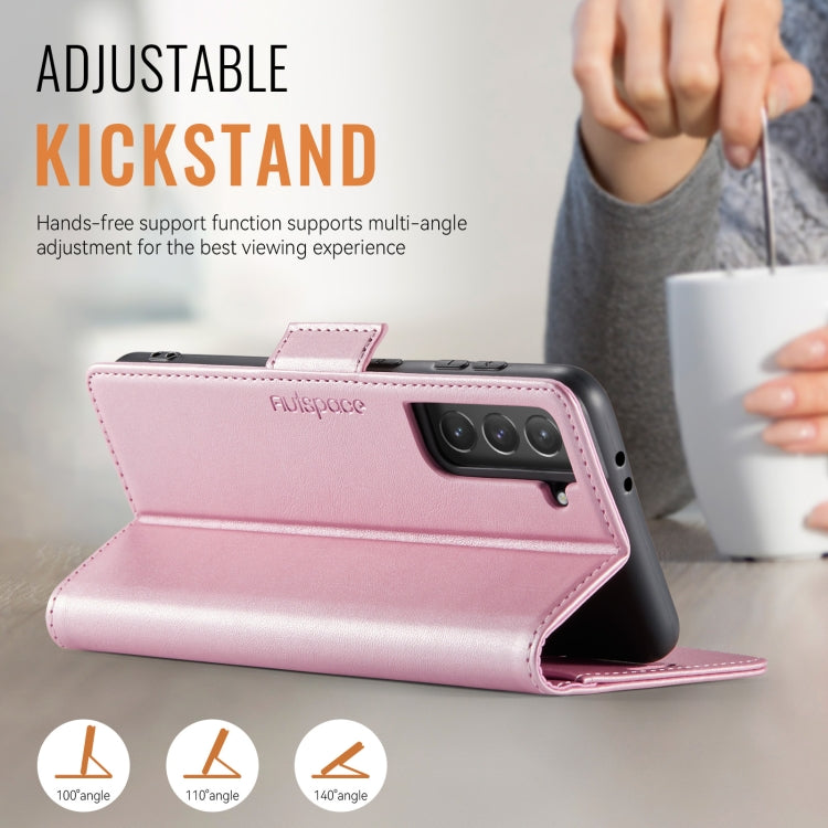 For Samsung Galaxy S21 5G AutSpace A11 Side Buckle MagSafe Magnetic RFID Phone Leather Case(Rose Gold)
